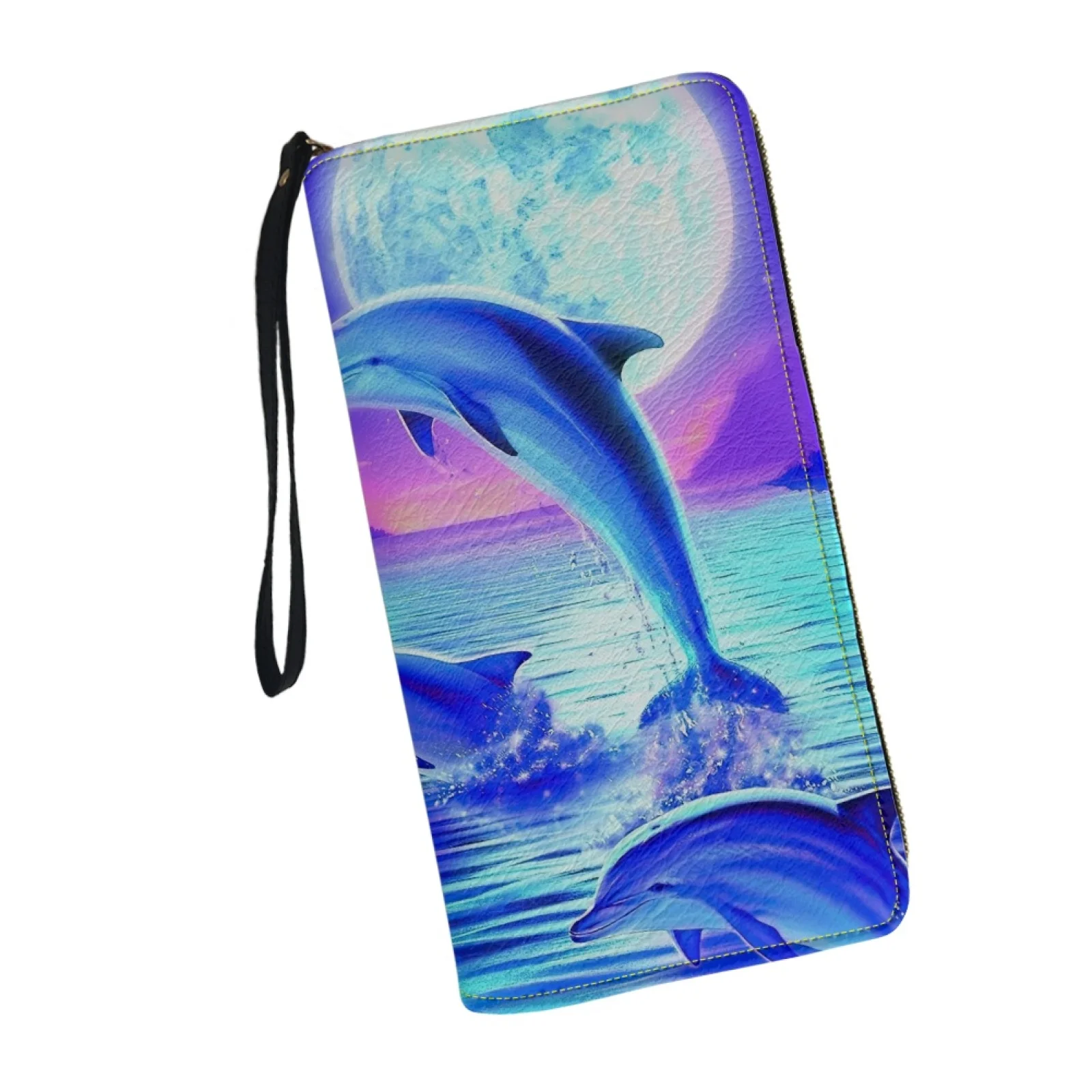 Belidome Womens Wristlet Wallet Dolphins Under Moonlight RFID Blocking Leather Multi Credit Card Zip Around Clutch Travel Purse
