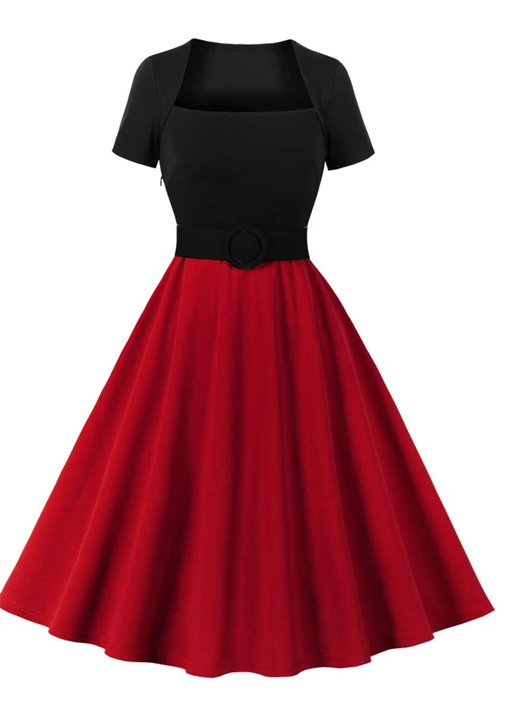 

Женское винтажное платье с квадратным вырезом, черное, зеленое двухцветное платье с поясом, элегантный наряд Y2K, летнее свободное платье, новинка 2023