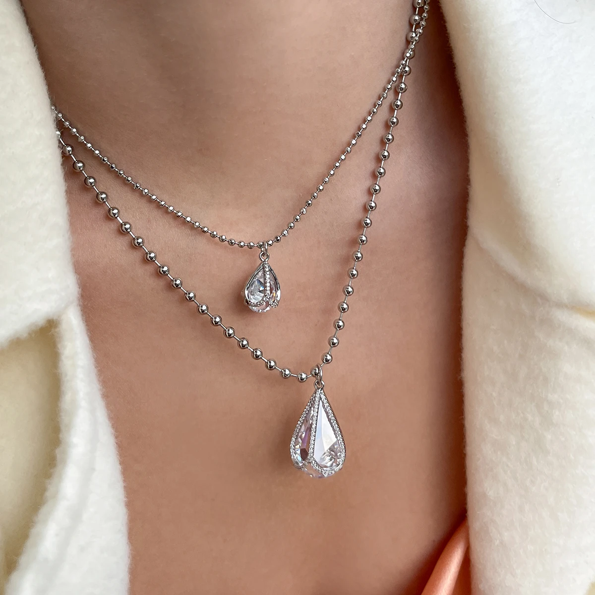 

Original Design Twin Fan-Shaped Gem Pendant High-Grade Double-Layer Clavicle Necklace Women's Sweater Chain