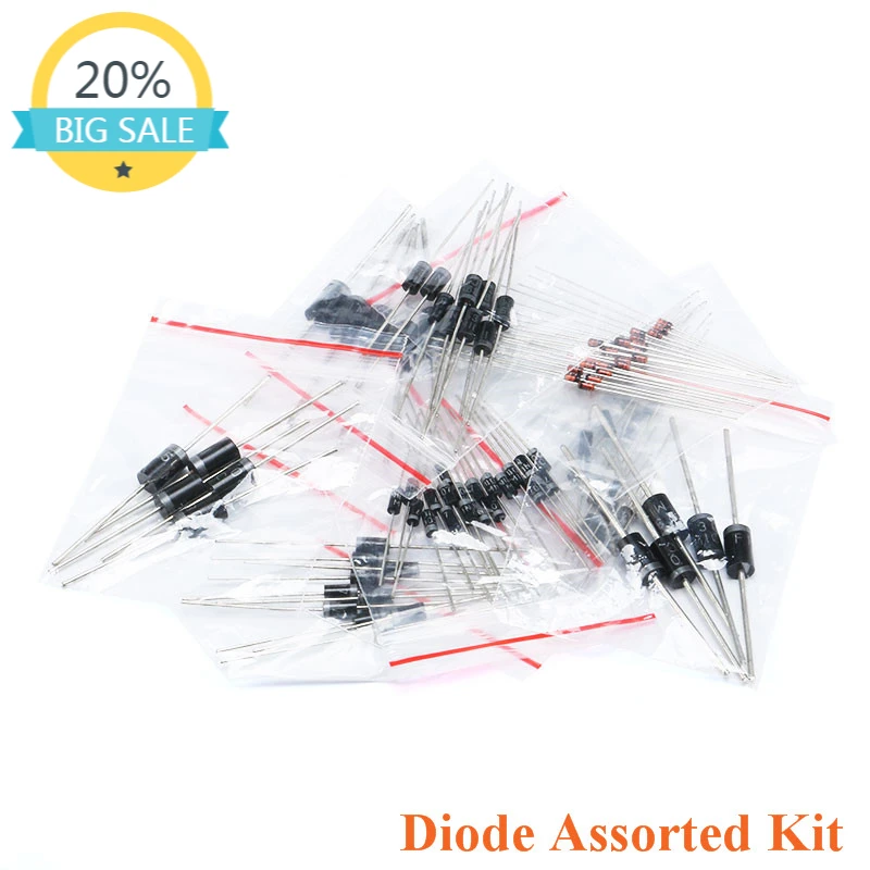

100pcs 1N4148 1N4007 1N5819 1N5399 1N5408 1N5822 FR107 FR207 Diode Assorted Kit Electronic Components Package DIY