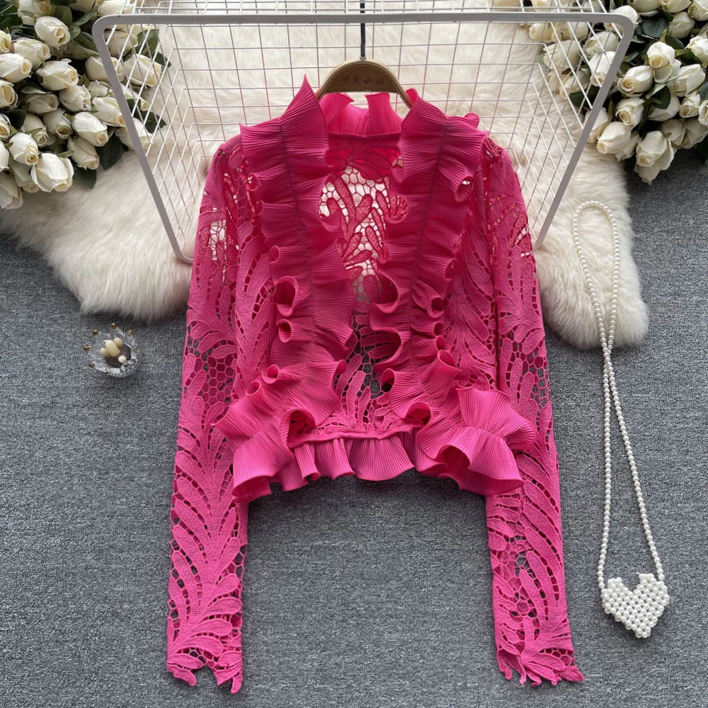 

Autumn New Design Sense Loose Wooden Ear Edge Long-sleeved Hollow Senior Sense Hundred with Thin Temperament Tops