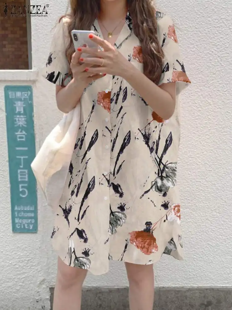 

Oversized Women Floral Shirt Dress 2022 ZANZEA Elegant Short Sleeve Short Vestidos Female Lapel Button Casual Printed Robe