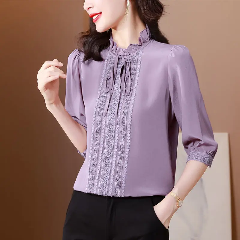 

Блузка женская шелковая с длинным рукавом и круглым вырезом, на весну и осень