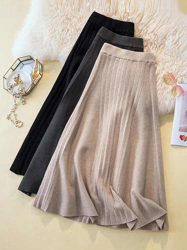 

Autumn Winter 2022 New High Waist Thicken Wool Knitted Pleated Skirt Mid Calf Length A Line Skirt For Women Koeran Skirts 4XL