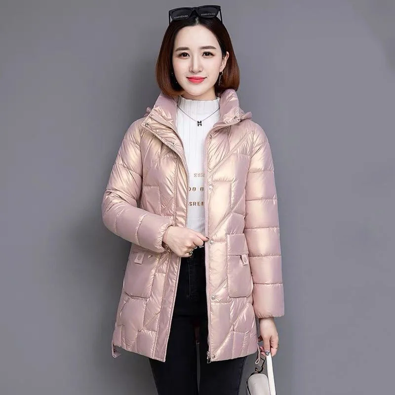2023 New Glossy Down Cotton Jacket Women Winter Loose mid-length Hooded Warm Thicken Outwear Casual Female Parkas Overcoat