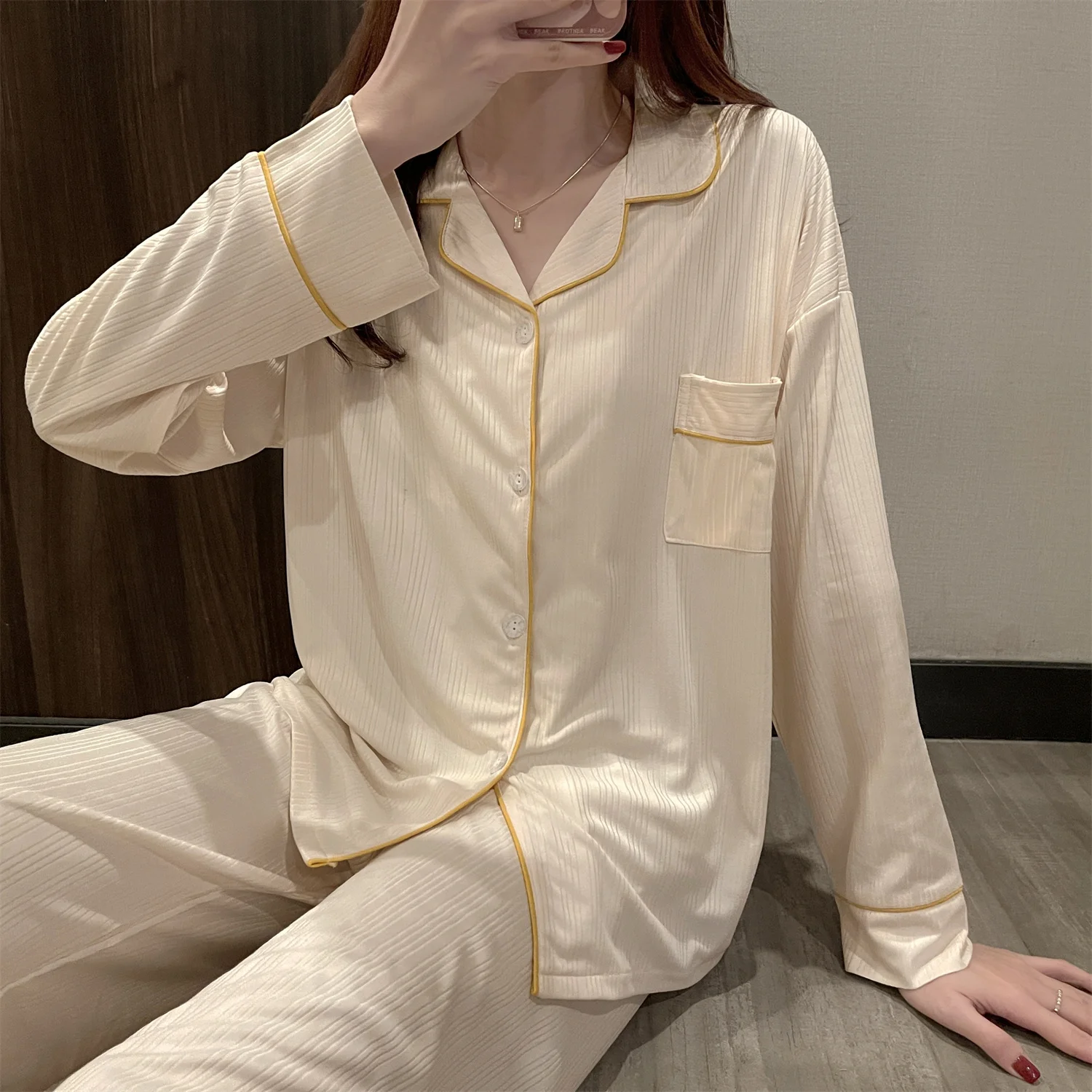 CAIYIER Pajamas For Women Solid Color Long Sleeve Trousers Nightwear Two Piece Set Sprint Winter Female Home Wear Loungewear