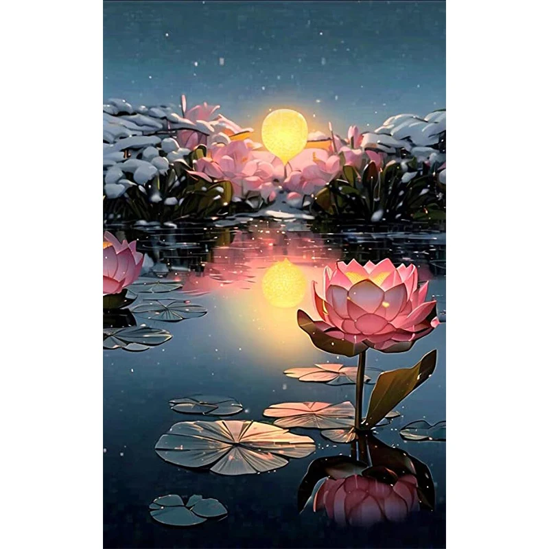 

Full Round Diamond Painting Lotus Diamond Embroidery Flower Picture Of Rhinestones Mosaic Cross Stitch Moon Lake Home Decoration