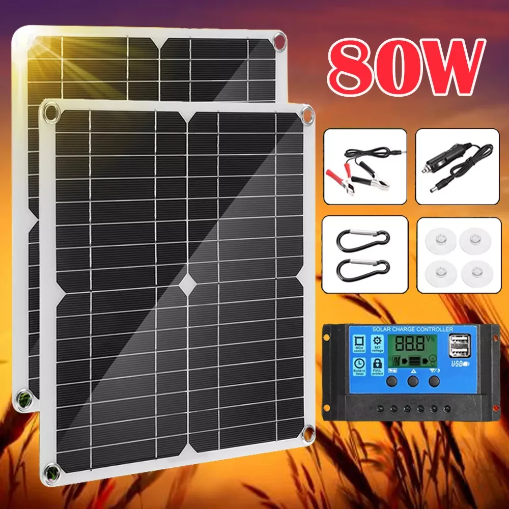 

2023NEW 80w Solar Panel Dual 12v/5v USB with20A 60A Controller Waterproof Solar Cells Poly Solar Cells for Car Yacht RV Battery
