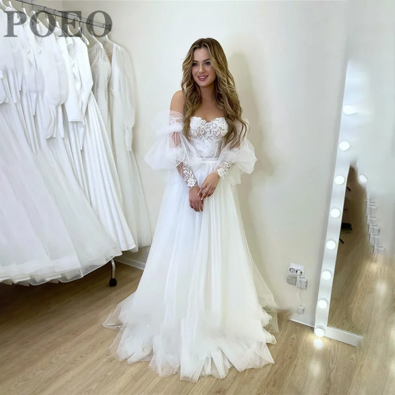 Фото POEO свадебное платье с открытыми плечами для женщин 2022 свадебное платье с аппликацией сердечком длиной до пола со шлейфом Robe De Mariee №4