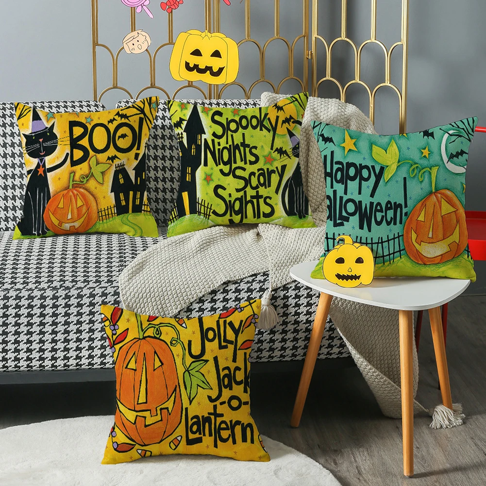 

Home Textile Pillow Case Halloween Printed Throw Cover Square Flax Pumpkin Alphabet Holiday Multi-Color Car/sofa Chair/bed 1/4pc