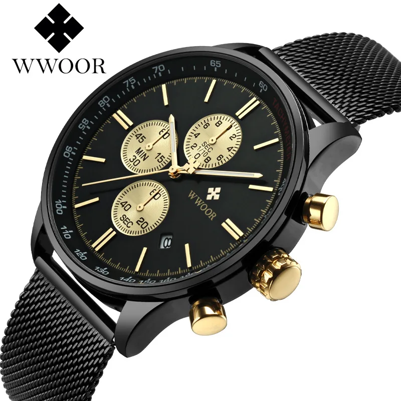 Фото Модные мужские часы Wwoor, топовый бренд, с тремя циферблатами, шестью стрелками, многофункциональные, с календарем, водонепроницаемые, деловые, с сетчатым ремешком и кварцевым механизмом. №2