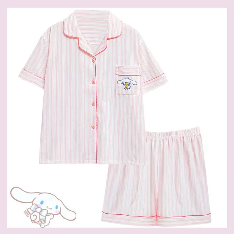 

kawaii sanriod Hello Kitty Kuromi Pajamas womens summer Plaid thin high sense home suit loose short sleeve shorts two piece set