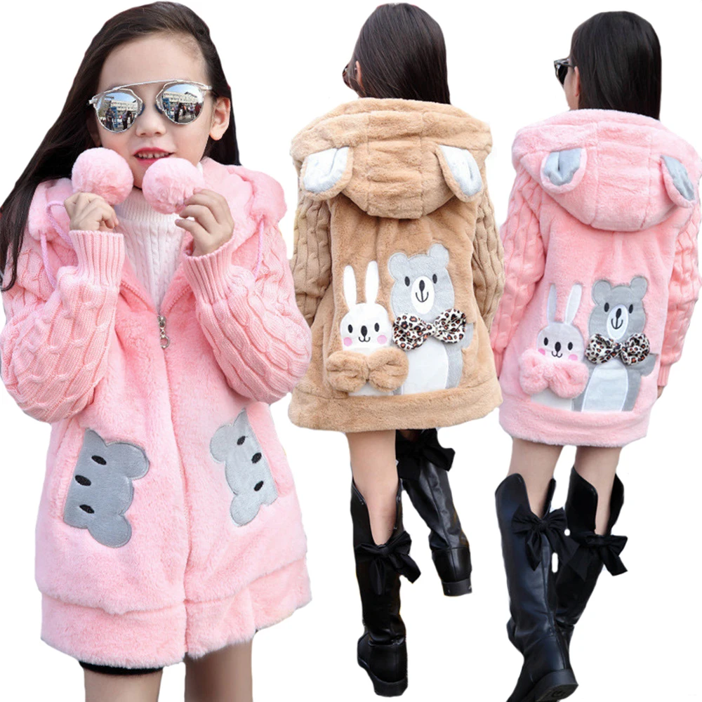 

Thick Keep Warm Winter Jacket For Girls Big Size Bear Hooded Sweater Sleeve Plush Kids Outerwear Teenager Long Windbreaker Coat