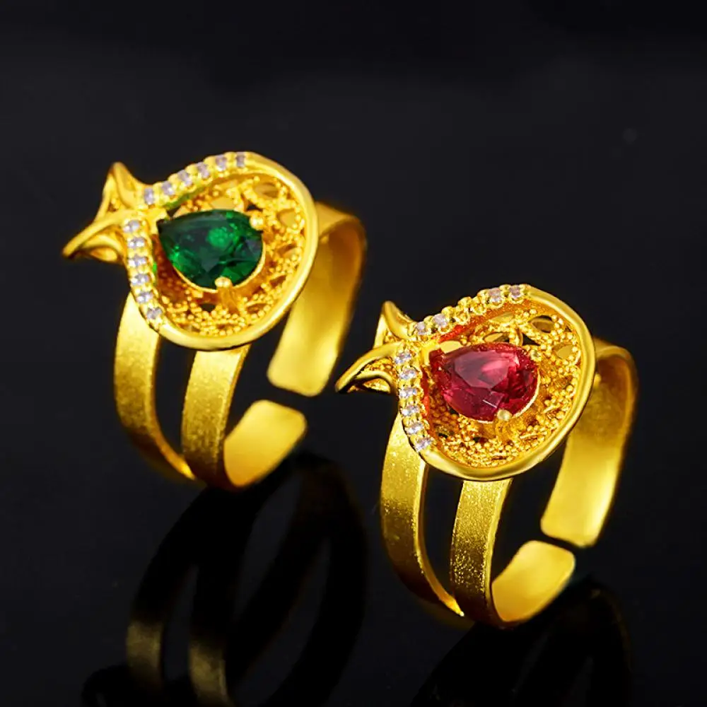 

HOYON 2022 New Pure 24K Real Gold Color Hand Jewelry ring for women with Green Gemstone Ring Ladies Fashion Shell Shape jewelry