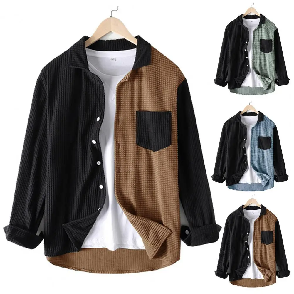 

Spring Autumn Men Casual Shirt Coat Lapel Long Sleeve with Pocket Patchwork Color Single Breasted Corduroy Waffle Texture Coat