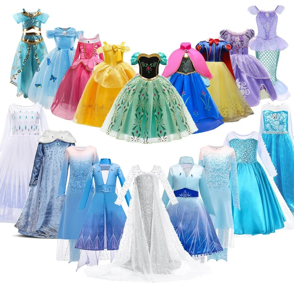 

Children Princess Fancy Costume Elsa Party Carnival White Dress Up for Girl Christmas Birthday Cosplay Belle Snowflake Vestidoes