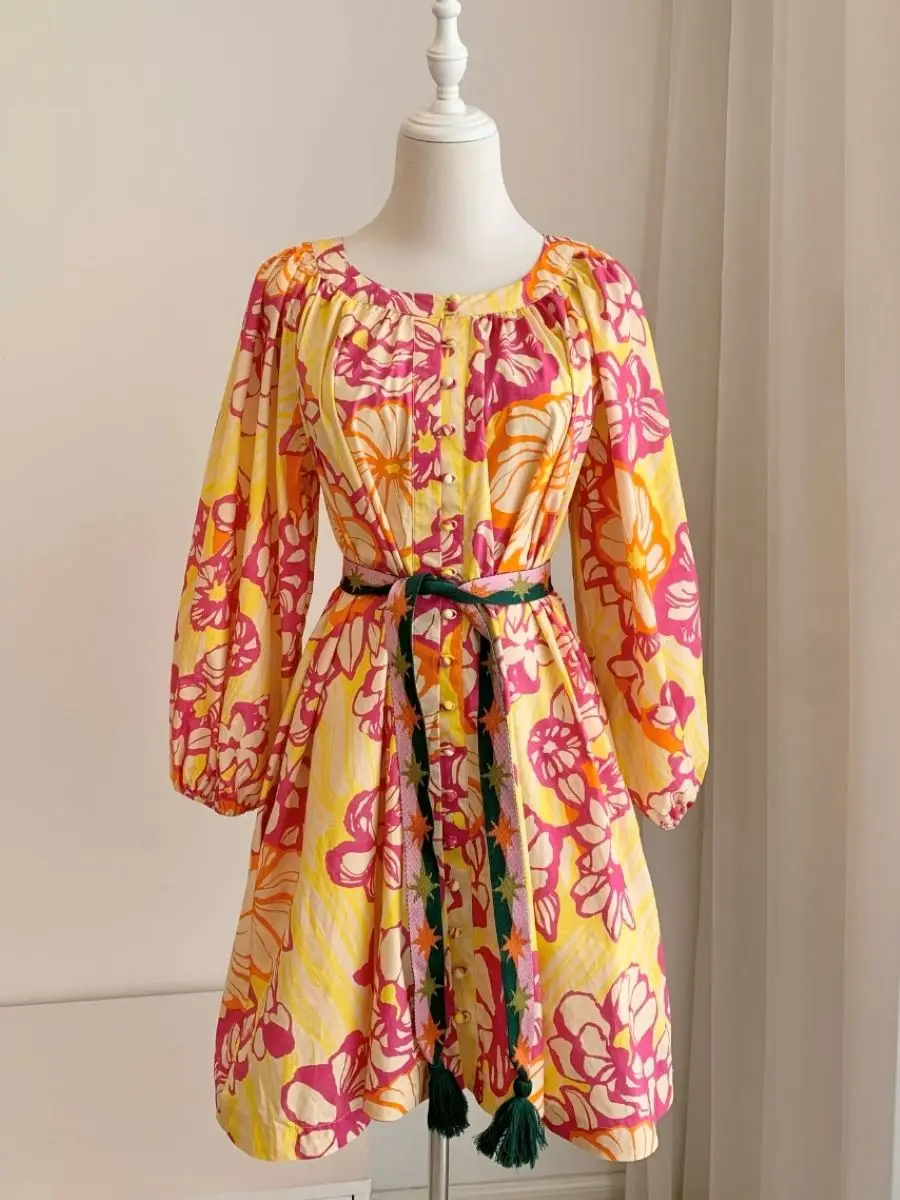 Women's Floral Printed Lace Up Waist Half Sleeve O-Neck Vintage Mini Dress