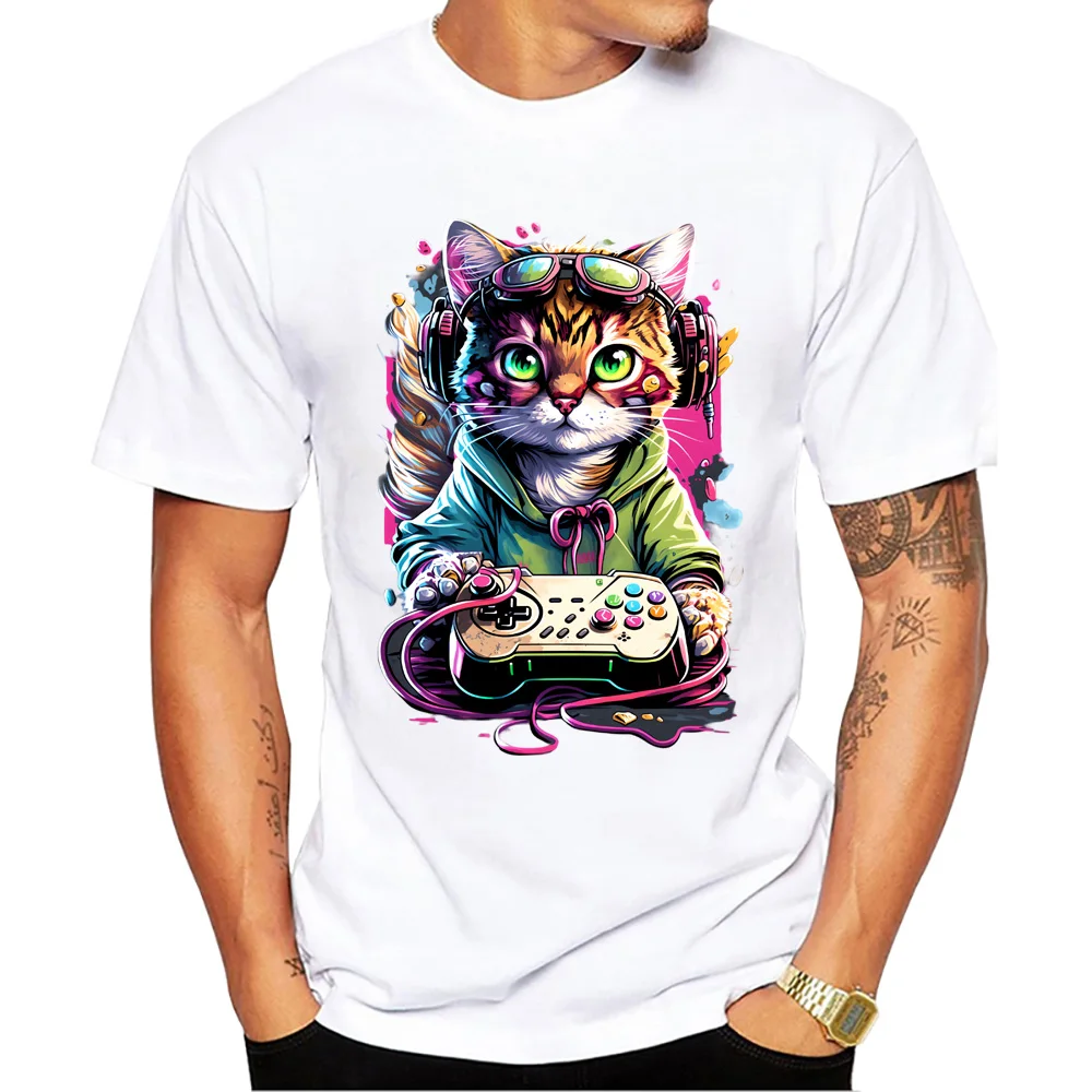 Teehub Vintage coole Katze spielen Spiel Männer Tops 3D Katze drucken T-Shirt O-Ausschnitt Männer Kleidung Kurzarm männlich lässig Streetwear – Detail 4
