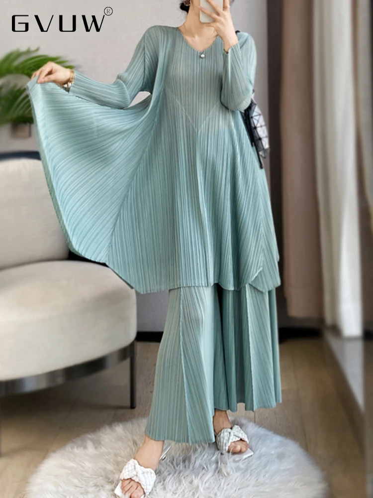

GVUW Solid Color Pleated 2 Pieces Set Women O-neck Long Top Wide Leg Pants 2023 Spring New Loose Casual Female Clothing 17G0610