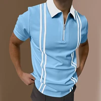 men slim stripe polo shirt summer fashion plaid patchwork short sleeve tops for casual mens turn down collar zip up polo shirts