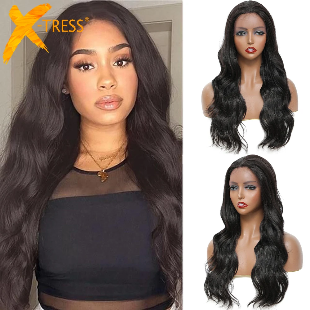 

X-TRESS Synthetic Lace Front Wig For Black Women Long Body Wave Free Part Daily Use Hair Wigs High Temperature Natural Hairstyle