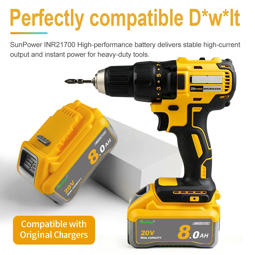 Фото Аккумулятор Li-ion Waitley 8Ач 18В 20В для электроинструментов Dewalt с элементами SunPower INR21700, замена DCB200 DCB184, аксессуары для инструментов №3