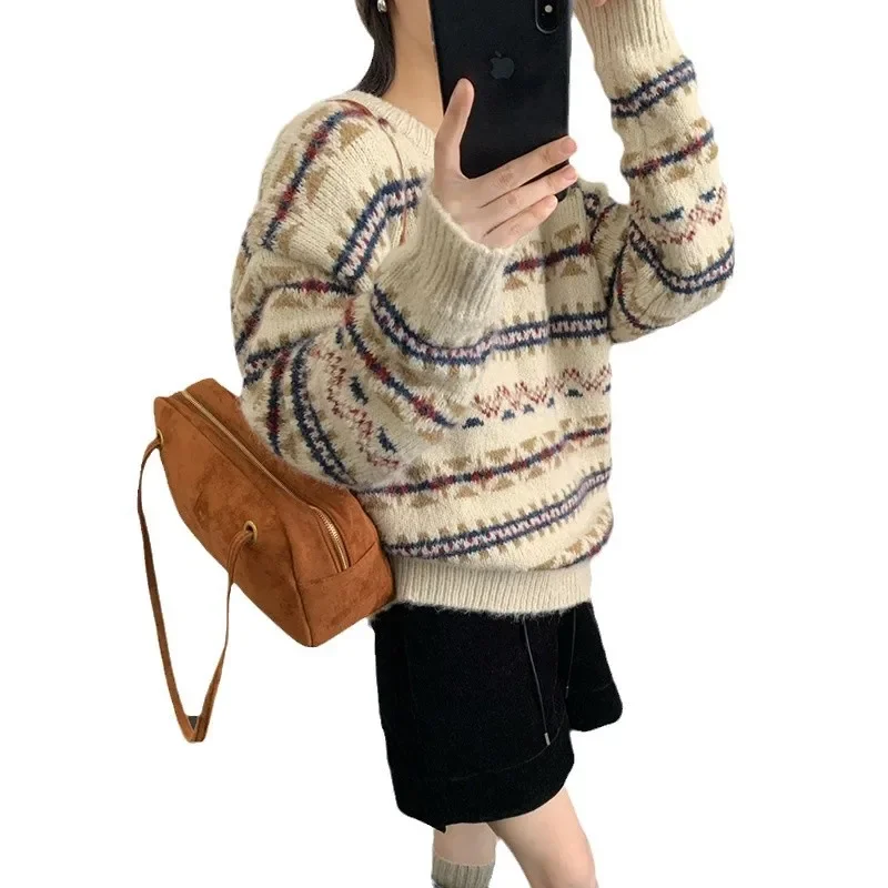 THINK 13-рядный жаккардовый свитер в корейском стиле с цветными блоками женский