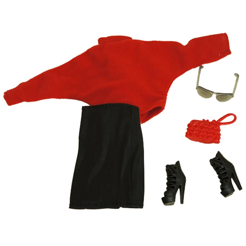 Наряды для кукол Барби ручной работы красная теплая водолазка платье юбка туфли