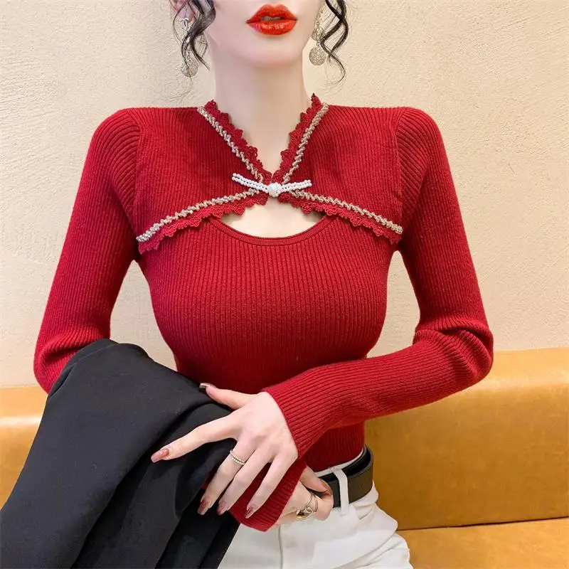 Женский вязаный шерстяной свитер элегантный облегающий с длинными рукавами в