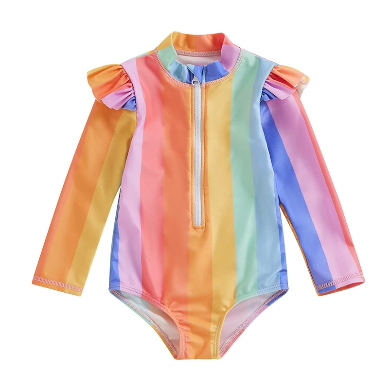 

Baby Girls Bikini Long Sleeve Zipper Closure Colorful Striped Summer Swimming Bathing Swimsuit Sun Protection Beachwear