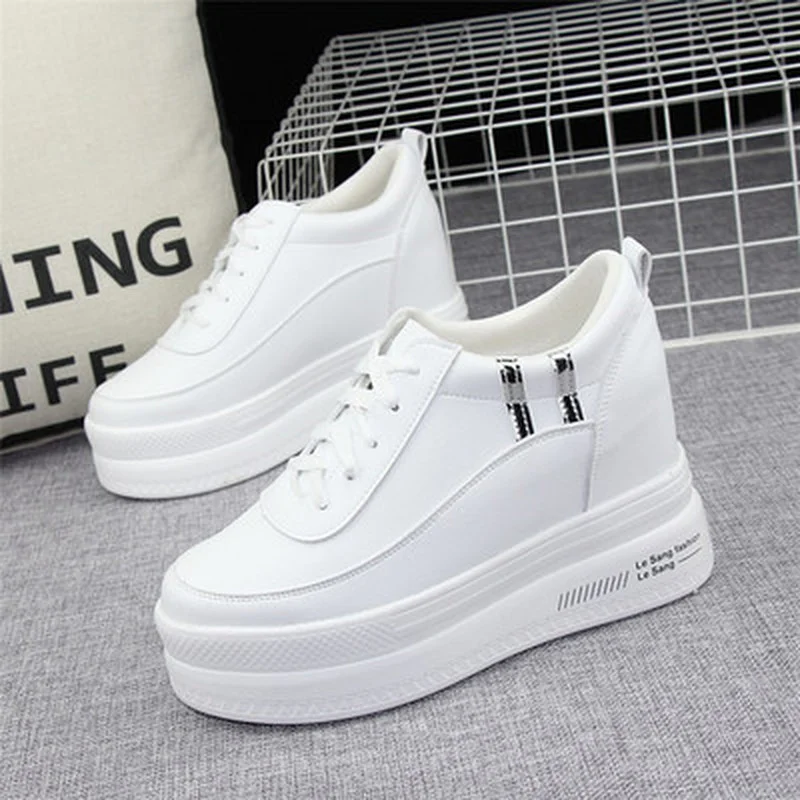 

Super High Heel 10cm Women's Shoes 2023 Autumn New Thick-soled Lace-up White Shoes All-match Wedge Casual Shoes Sneakers