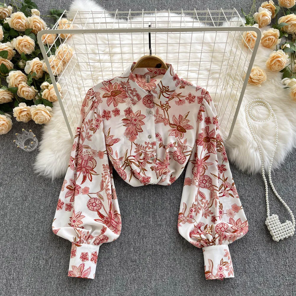 

Ruffles Chiffon Floral Print Blouse Women Long Sleeves Korea Loose Tops Korean Style Chic Flower Vintage Blouses