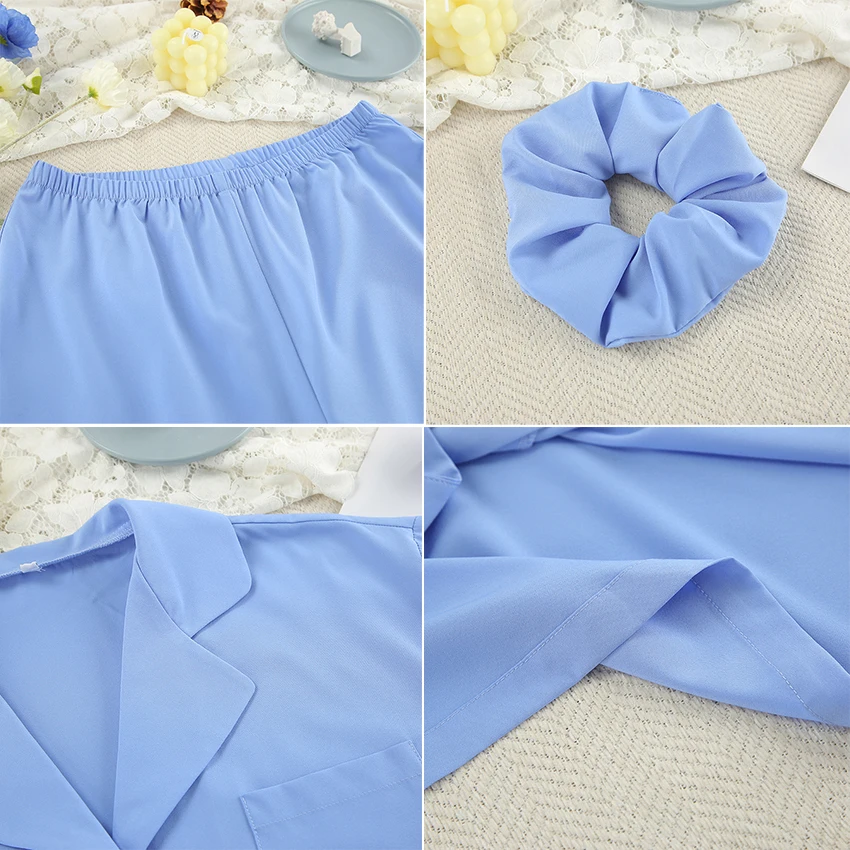 Однотонные синие свободные брюки с длинным рукавом женская пижама шелковая