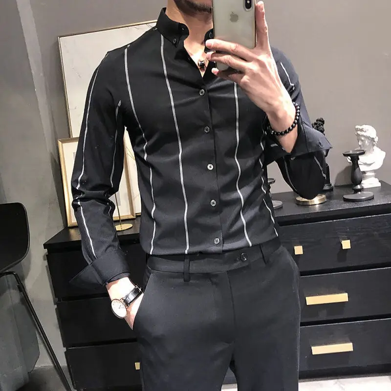 Spring and summer men's shirt stretch Korean fashion striped long sleeve shirt men's non-iron slim dress top