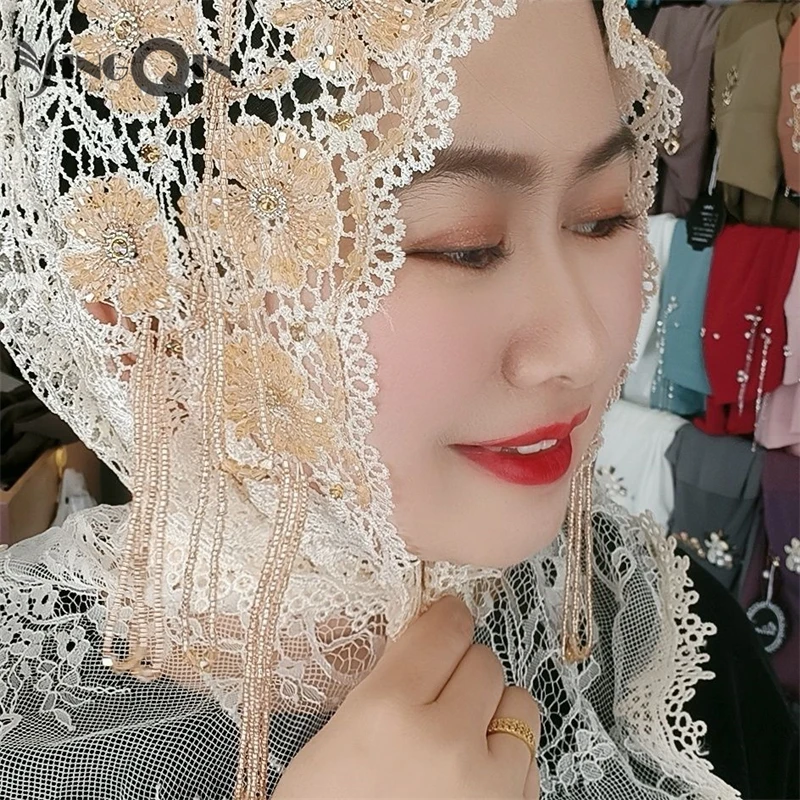 Muslim Women Headscarf Shawl Freeshipping Tassels Lace Summer Malaysia Hollow Scarf Hijab Hat Islam Saudi Arabia Headwrap 2023