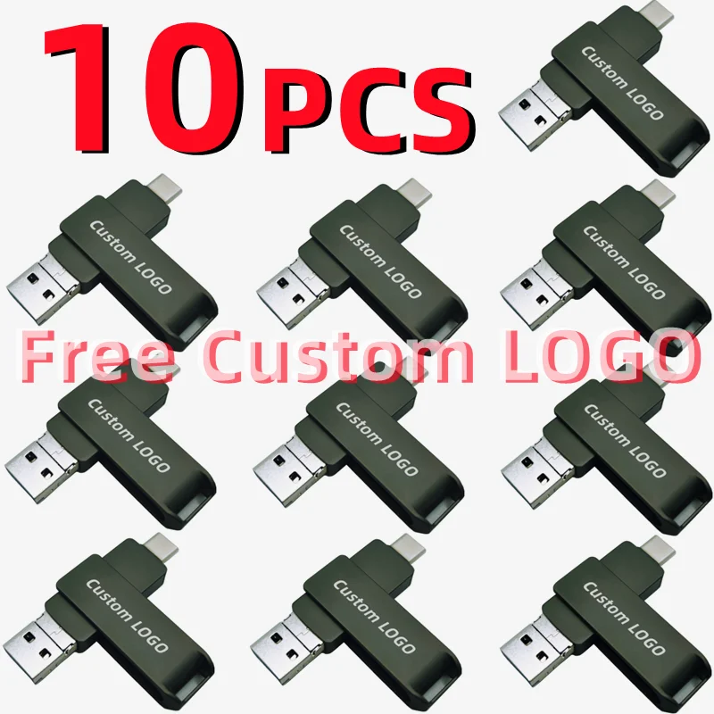 10PCS/Free Custom Studio LOGO 4 in 1 Metal Rotary OTG Flash Drive Type-C+iPhone+Android+USB3.0 High-speed Memory Stick