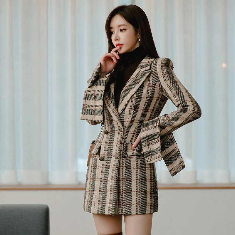 Women Vintage Blazer Turn-down Collar Casual Long Sleeve High Quality Office Plaid Wild Outdoor Double Breasted Fresh Trench