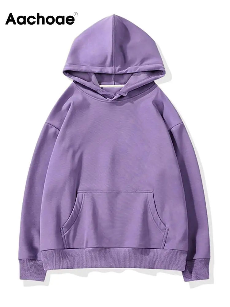 

Флисовая толстовка с капюшоном Aachoae, Женская осенне-зимняя Повседневная Толстовка с длинным рукавом, однотонная куртка с карманами, женские пуловеры
