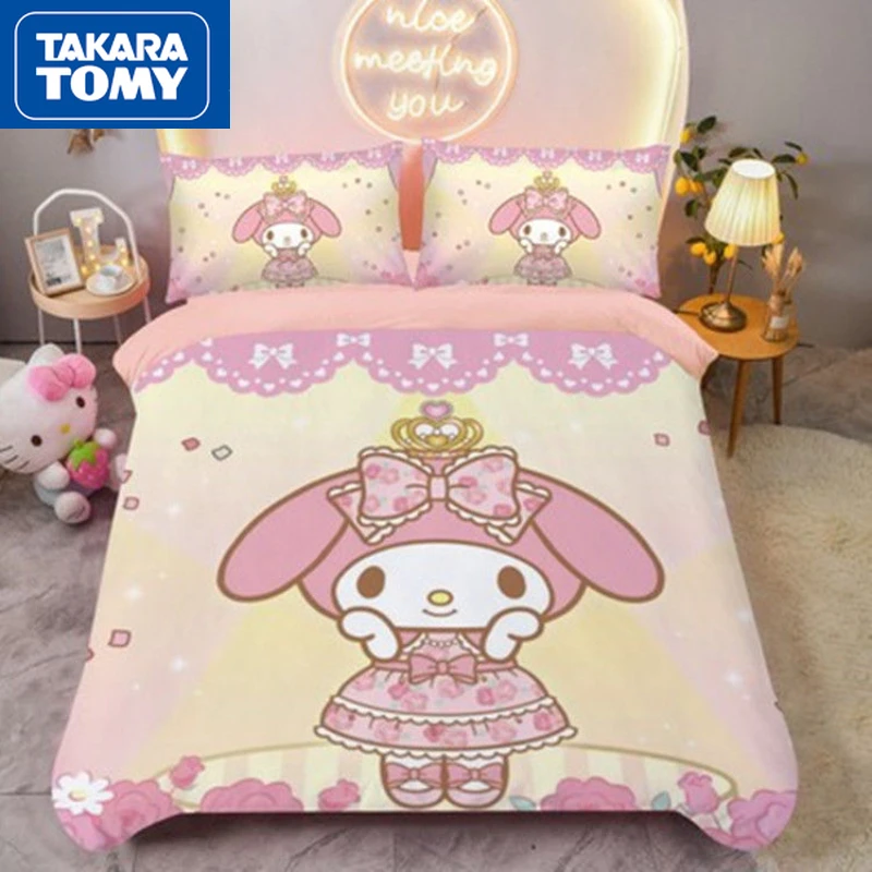 

TAKARA TOMY Cartoon Hello Kitty Student Dormitory Three-piece Quilt Cover Four-piece Bed Sheet Cute Girls Pink Sheets Bedding