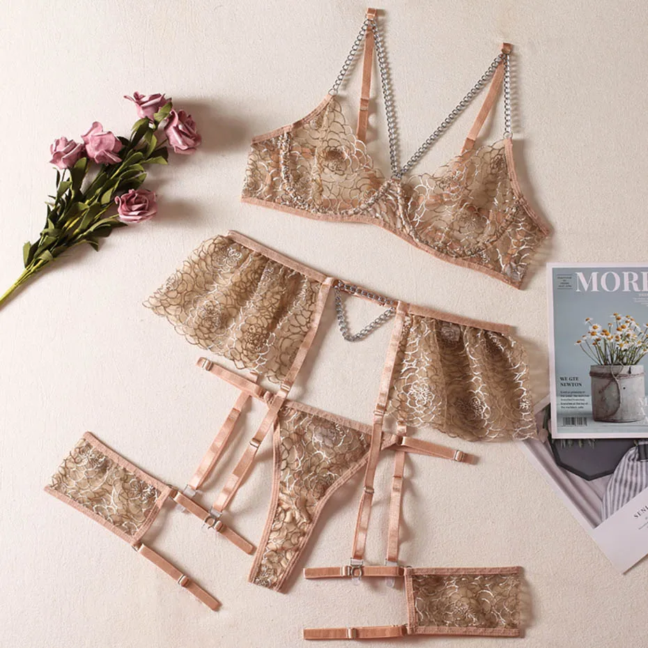 JSY Sexy Bra And Panties Set Lingerie Khaki Embroidery Lace Women's Underwear Set Hollow Out Erotic Bra Sets Intimates Costumes