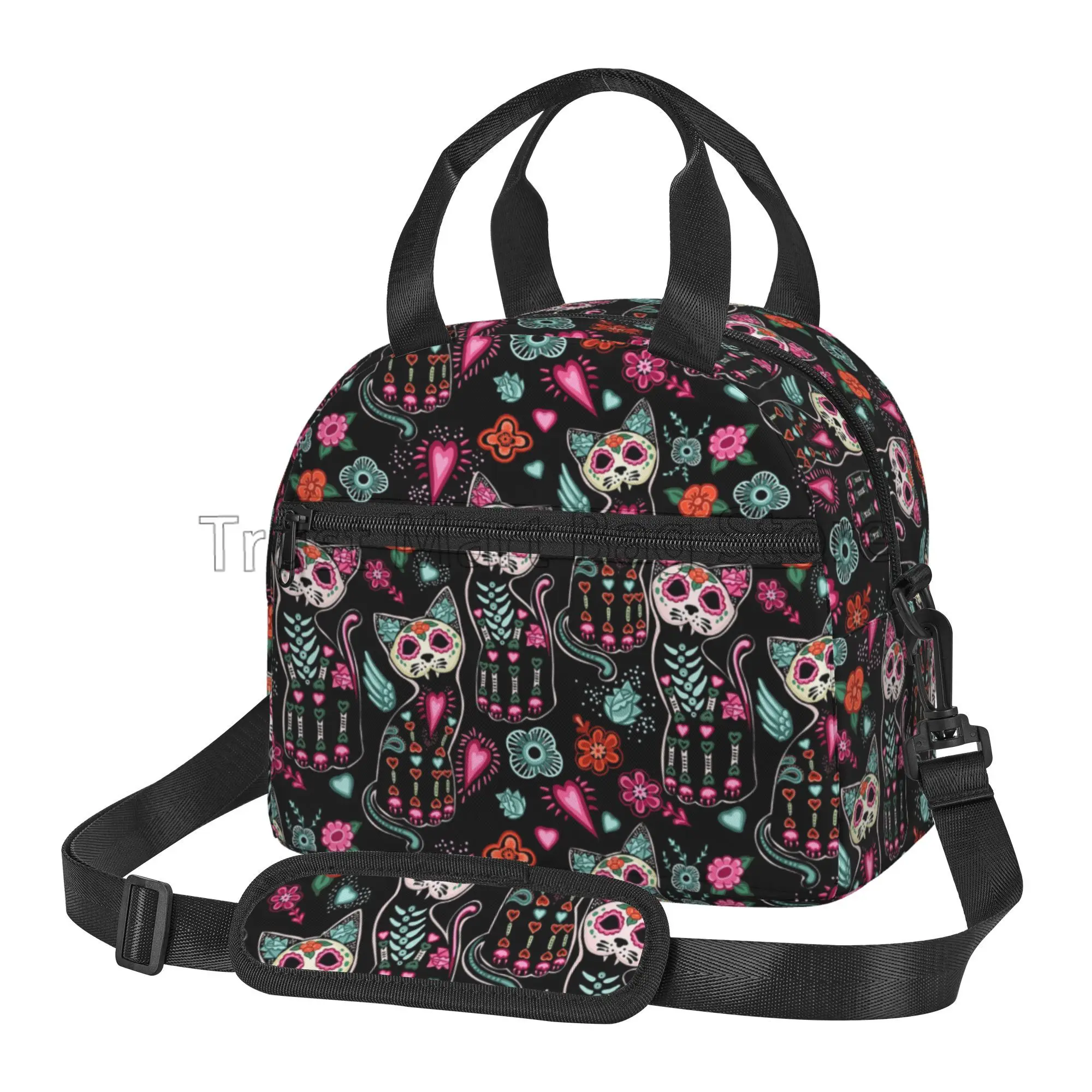 

Day of The Dead Cat Kitten Sugar Skull Lunch Bag Reusable Insulated Lunch Box with Shoulder Strap Thermal Cooler Bento Tote Bags