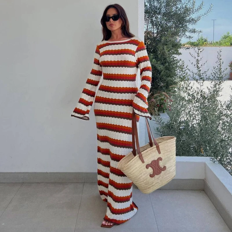 

Fashion Knitted Dress Women Backless Sexy Dress Striped Hollowed Out Long Sleeve Sweater Dress O-neck Women Clothing Long Dress