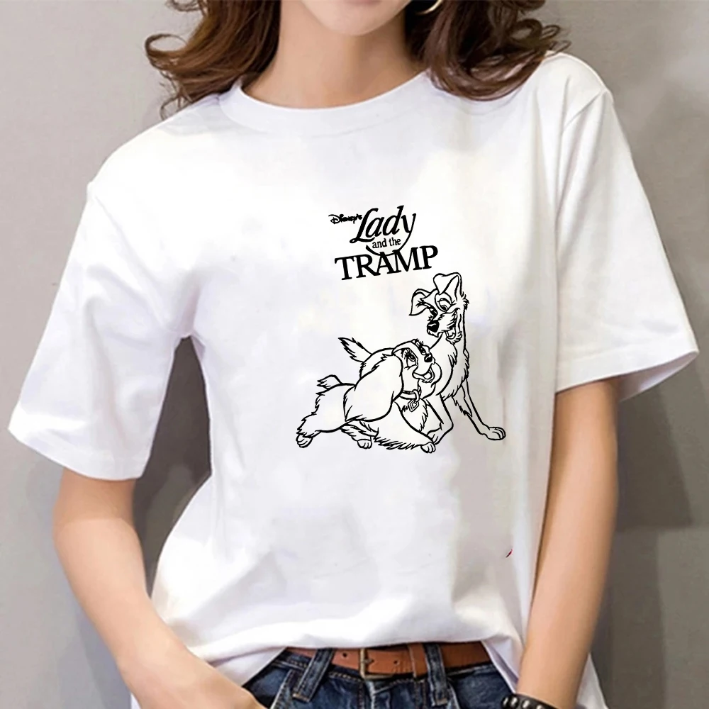 

Women Short Sleeve O Neck Loose Tshirt Summer Harajuku Couples Tee Tops Sweethearts Disney Lady and The Tramp Print T Shirt