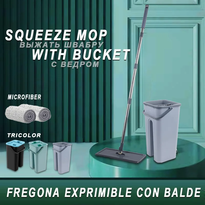 

Household Squeeze Mop With Spin Bucket Hand Free Floor Cleaning Utensils For Home And Kitchen Microfiber Flat Cloth Pads