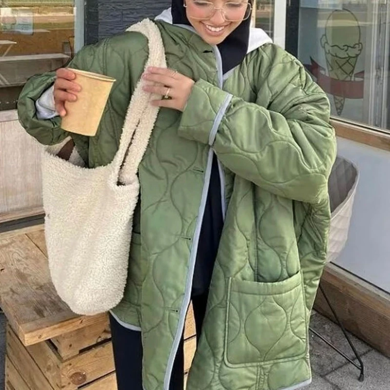 

Шикарное женское модное свободное Стеганое пальто в стиле пэчворк ромбическая клетчатая куртка с V-образным вырезом и длинным рукавом зимн...