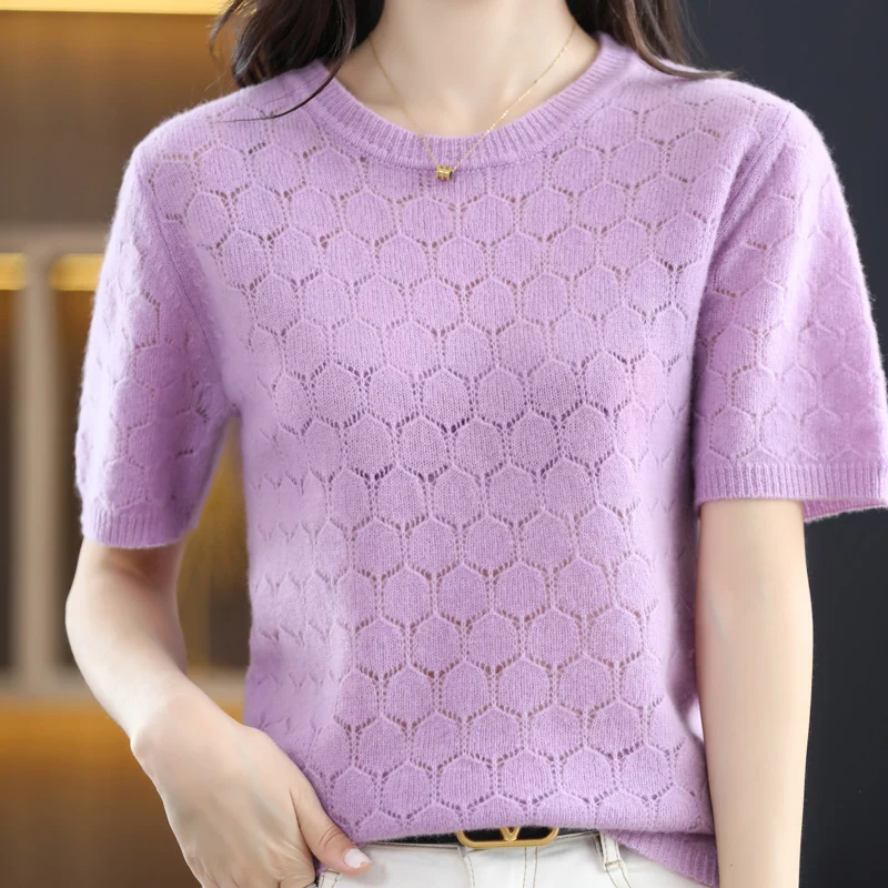 

Women's Sweater 2022 New Fashion O-Neck Hollow Out Jumper 100% Wool Sweater Woman Sexy Sweaters And Pullovers Short Sleeve Tops