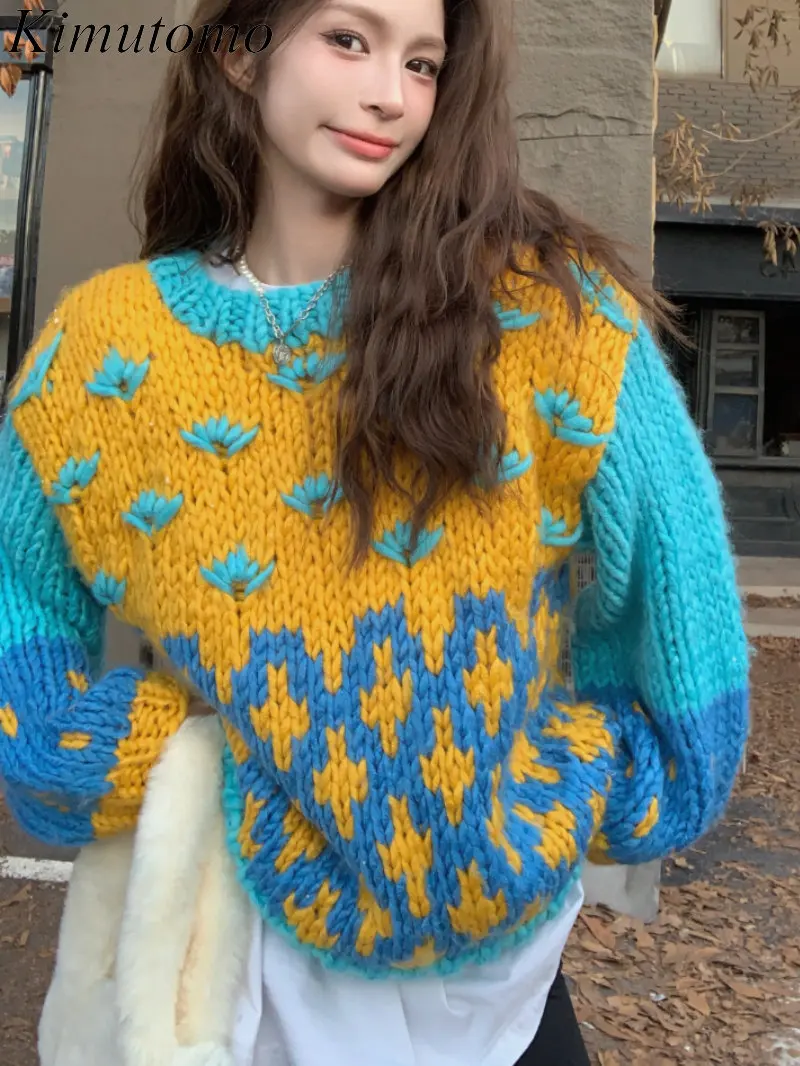 

Kimutomo винтажный свободный цветной контрастный вязаный свитер женский Мягкий круглый вырез с длинными рукавами в ленивом стиле Универсальны...
