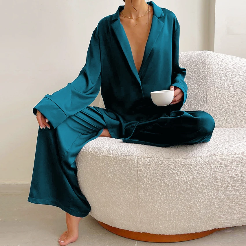 Night gown oversized satin silk pajamas low-cut sexy women's single breasted long sleeve width height and pants legs