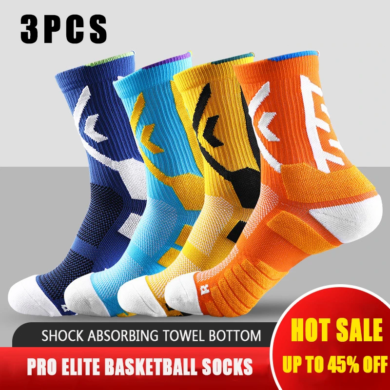 3PCS Men's Sports Basketball Socks Outdoor Soccer Running Trekking Cycling Breathable Sweat-Wicking Towel Soles Cushioned Socks