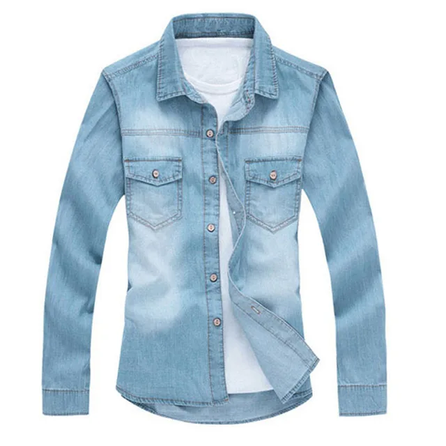 Fashion Classic Retro Jeans Shirt with Pocket Slim Fit Tops Men Clothing for Spring Men's Long Sleeve Denim Shirt Blue MY850 3